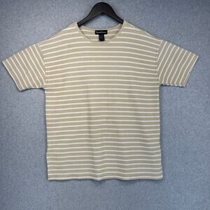 Daniel Caron Shirt Womens Large Beige White Striped Print Short Sleeve Pullover
